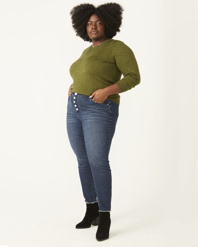 Plus size model wearing Kimberly Fray Hem Skinny Jean by Meri Skye | Dia&Co | dia_product_style_image_id:177722